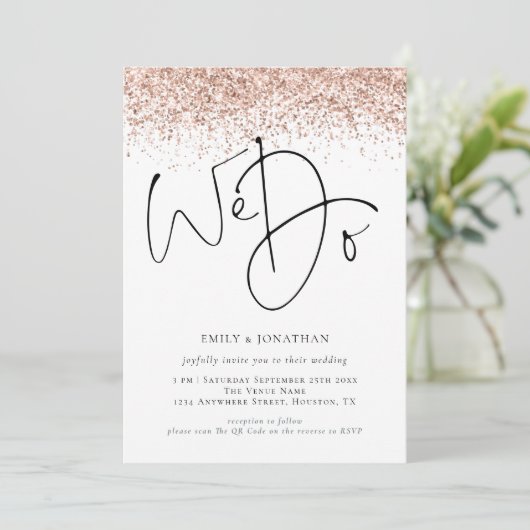 Roos Gold Glitter We doen QR Weddenschap Kaart (Staand voorkant)