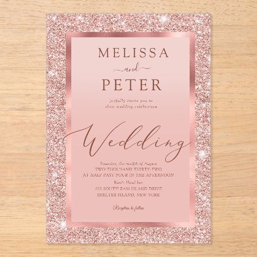 Roos Gold Glitter Wedding Acryl Uitnodigingen (Voorkant)