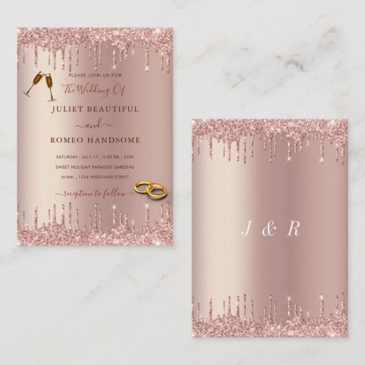 Roos Gold Glitter Wedding Invitation Uw ontwerp Notitiekaartje