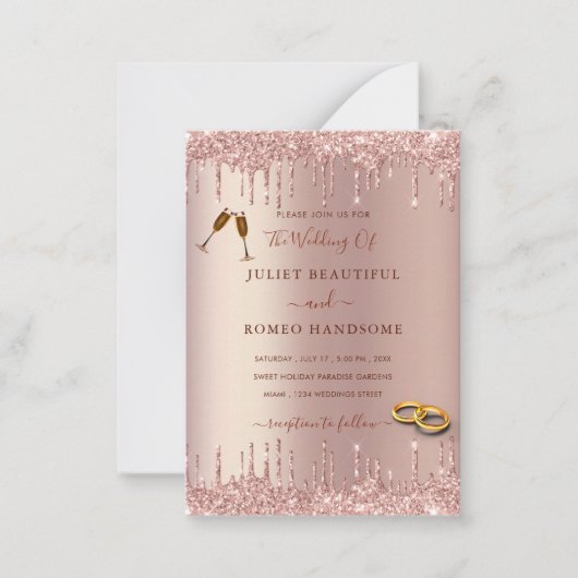 Roos Gold Glitter Wedding Invitation Uw ontwerp Notitiekaartje (Voorkant)