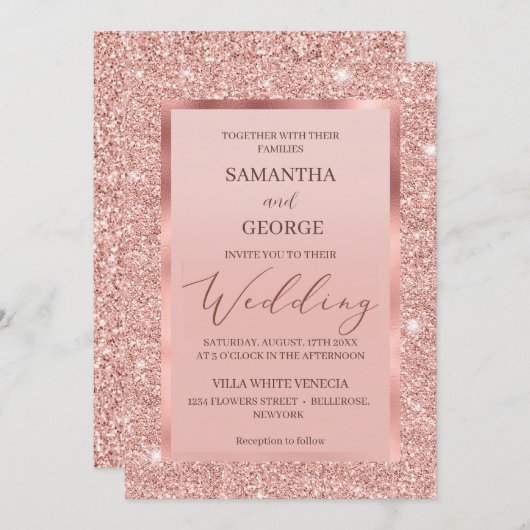 Roos Gold Glitter Wedding Kaart (Voorkant / Achterkant)