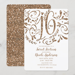 Roos Gold Glitter Whimsical Lettering Sweet 16 Kaart