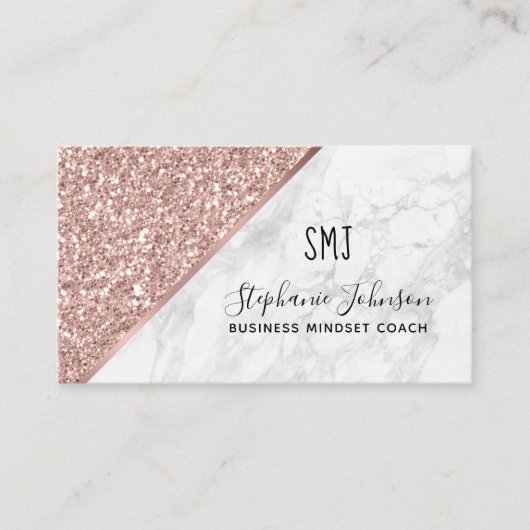 Roos Gold Glitter White Marble Monogram Logo Visitekaartje (Voorkant)