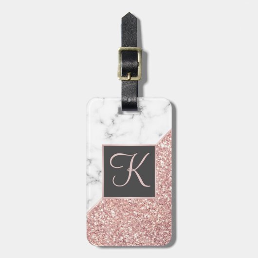 Roos Gold Glitter White Marble Monogrammed Initiaa Bagagelabel (Voorkant verticaal)