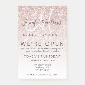 Roos Gold Glitter Wij zijn Open Salon COVID Safe Post-it® Notes