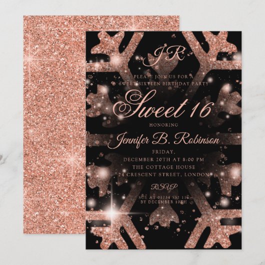 Roos Gold Glitter Winter Sweet 16 Birthday Kaart (Voorkant / Achterkant)