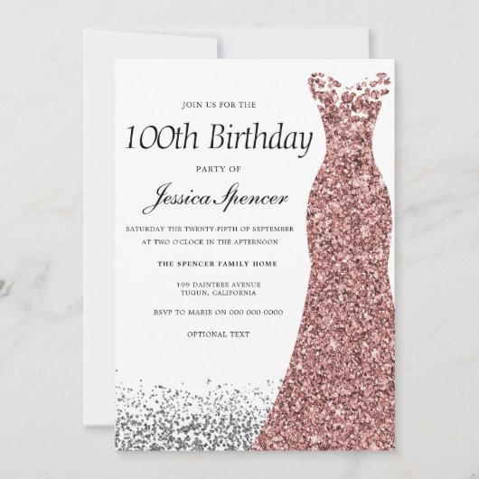 Roos Gold Glitter Womans 100e verjaardag Kaart (Voorkant)