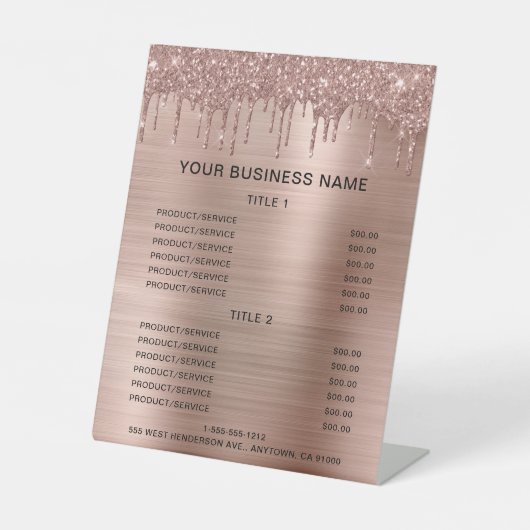 Roos Gold Glitter - Zakelijke prijslijst Reclamebord Met Voetstuk (Voorkant)
