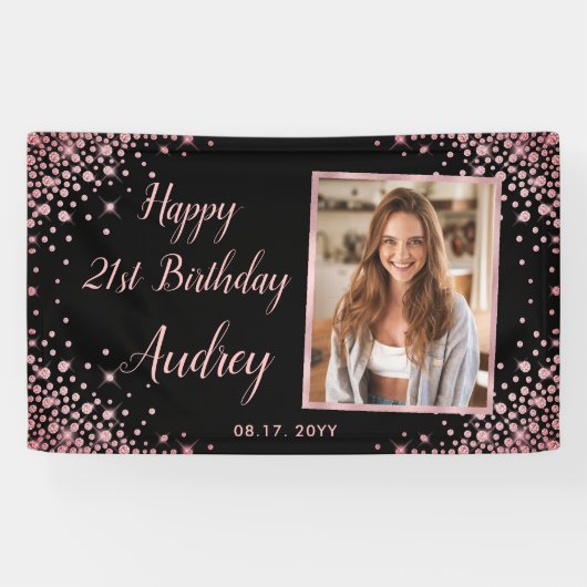 Roos Gold Glitter Zwart 21e Verjaardag Foto Spandoek (Horizontaal)