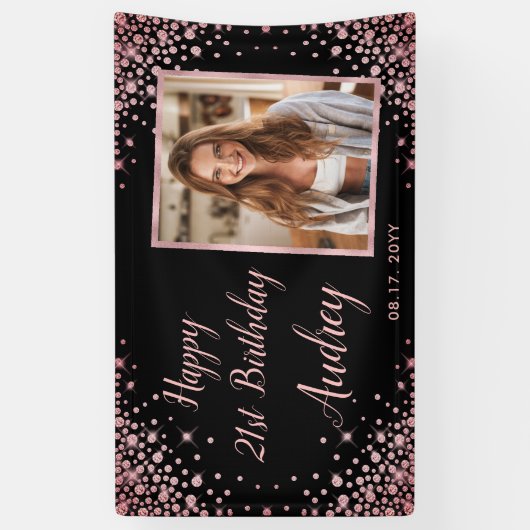 Roos Gold Glitter Zwart 21e Verjaardag Foto Spandoek (Verticaal)