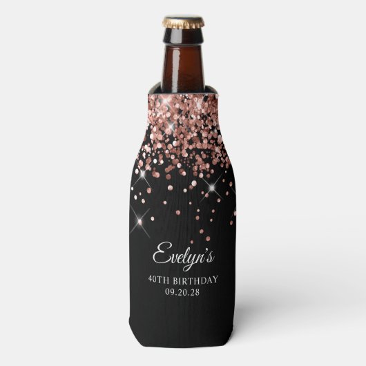 Roos Gold Glitter Zwart 40e Verjaardag Flesjeskoeler (Fles Voorkant)
