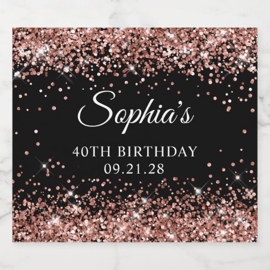 Roos Gold Glitter Zwart 40e Verjaardag Likeurfles Etiket (Enkel label)