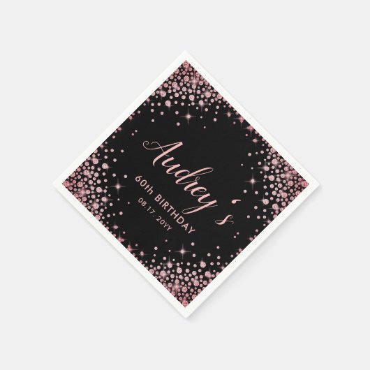 Roos Gold Glitter Zwart 60e Verjaardag Monogram Servet (Hoek)