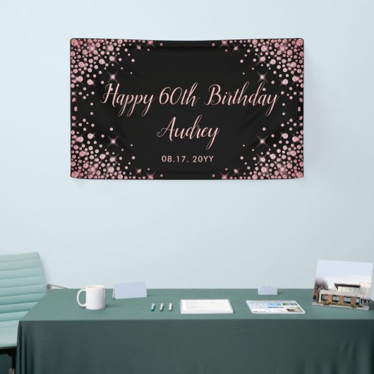 Roos Gold Glitter Zwart 60e Verjaardag Monogram Spandoek (Beurs)