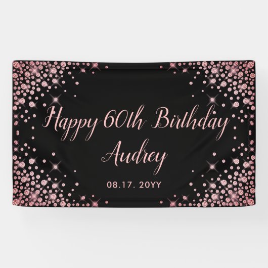 Roos Gold Glitter Zwart 60e Verjaardag Monogram Spandoek (Horizontaal)