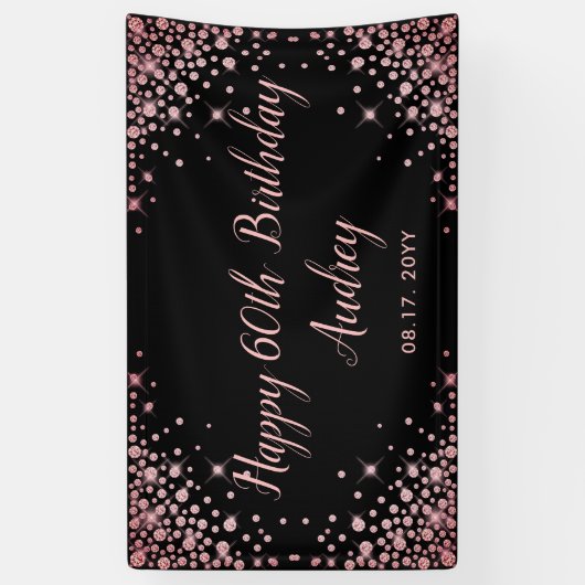 Roos Gold Glitter Zwart 60e Verjaardag Monogram Spandoek (Verticaal)