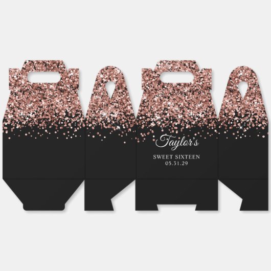 Roos Gold Glitter Zwart Sweet Sixteen Bedankdoosjes (Ongevouwen)