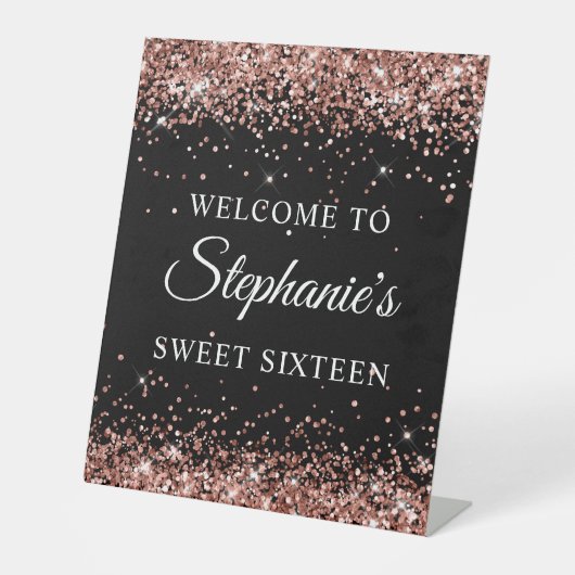 Roos Gold Glitter Zwart Sweet Sixteen Welkom Reclamebord Met Voetstuk (Voorkant)