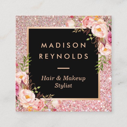 Roos Gold Glitters Roze Bloemen Salon Afspraak Afsprakenkaartje (Voorkant)