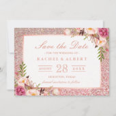 Roos Gold Glitters Roze Floral sparen de Datum Save The Date (Voorkant)