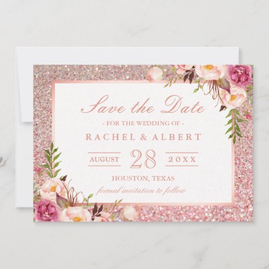 Roos Gold Glitters Roze Floral sparen de Datum Save The Date (Voorkant)