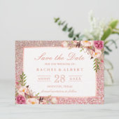 Roos Gold Glitters Roze Floral sparen de Datum Save The Date (Staand voorkant)