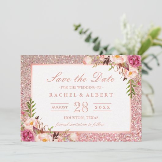 Roos Gold Glitters Roze Floral sparen de Datum Save The Date (Staand voorkant)