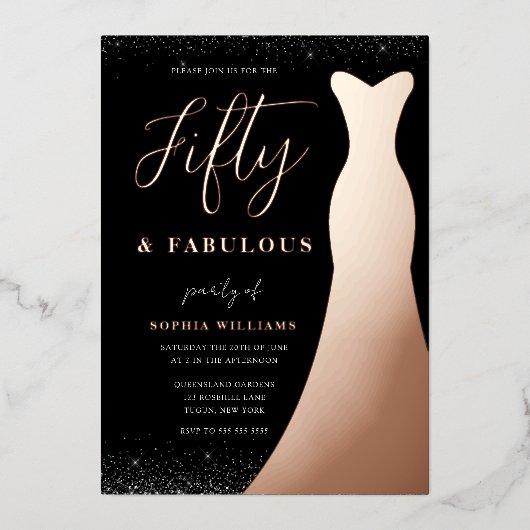 Roos Gold Gown 50 en 50 jaar oud Folie Uitnodiging (Voorkant)