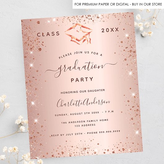 Roos Gold Graduation Party Budget Uitnodiging Flyer