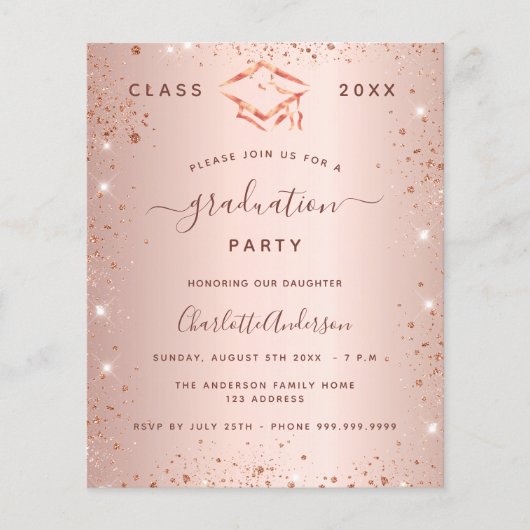 Roos Gold Graduation Party Budget Uitnodiging Flyer (Voorkant)