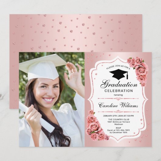 Roos Gold Graduation Party met foto Kaart (Voorkant / Achterkant)