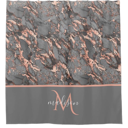 Roos Gold & Gray Marble Monogram Luxe Douchegordijn (Voorkant)