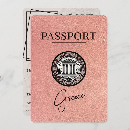 Roos Gold Greece Passport Save the Date Kaart (Voorkant / Achterkant)