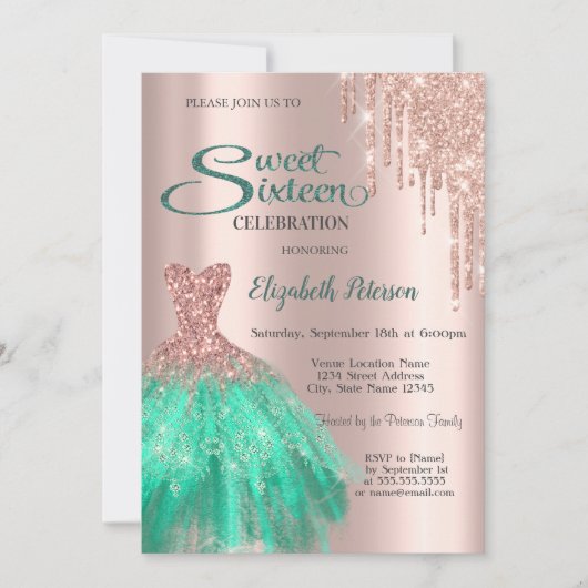 Roos Gold Green Dress Sweet 16 Kaart (Voorkant)