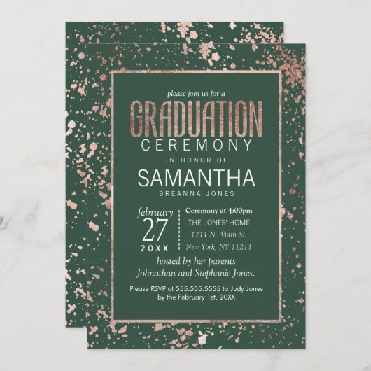 Roos Gold Green Paint Spletters Afstuderen Kaart (Voorkant / Achterkant)