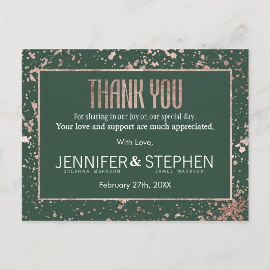 Roos Gold Green Paint Spletters Dank u Briefkaart (Voorkant)