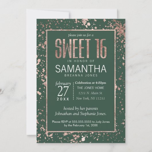Roos Gold Green Paint Spletters Sweet 16 Kaart (Voorkant)