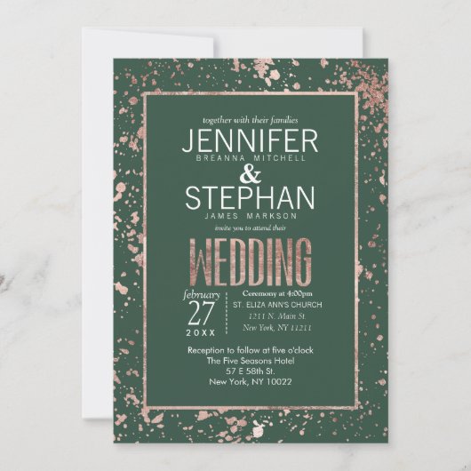 Roos Gold Green Paint Spletters Wedding Invite Kaart (Voorkant)
