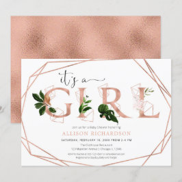 Roos Gold Greenery Modern Girl baby shower Kaart
