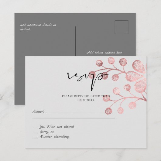 Roos Gold Grey Botanical Weddenschap RSVP Briefkaart (Voorkant / Achterkant)