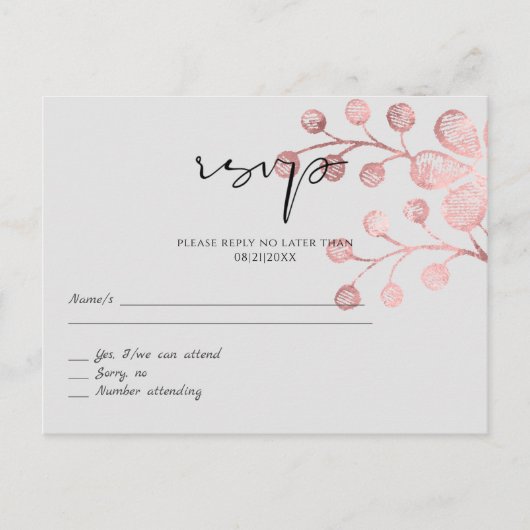 Roos Gold Grey Botanical Weddenschap RSVP Briefkaart (Voorkant)