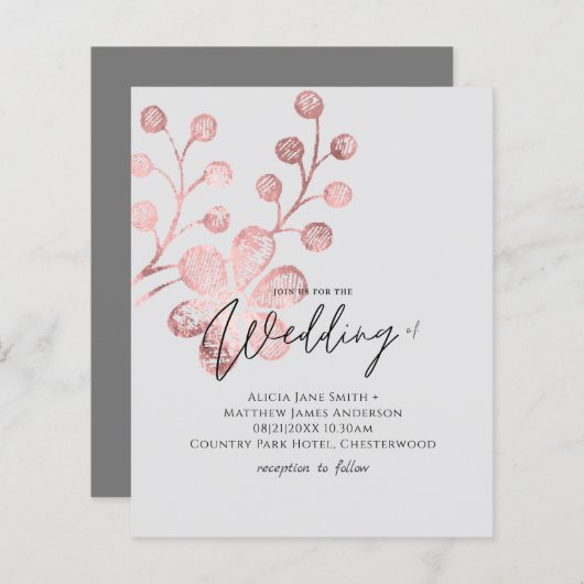 Roos Gold Grey Botanical Wedding Invitations (Voorkant / Achterkant)