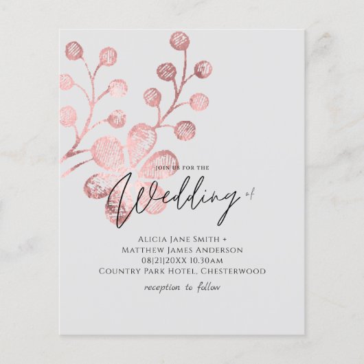Roos Gold Grey Botanical Wedding Invitations (Voorkant)