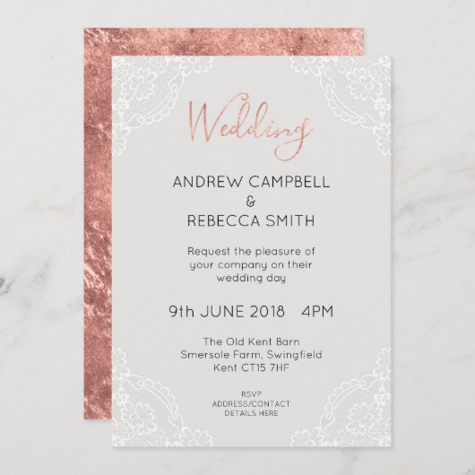 Roos Gold & Grey bruiloft uitnodiging (Voorkant / Achterkant)