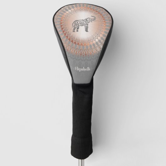 Roos Gold Grey Elephant Mandala Monogram Golfheadcover (Voorkant)