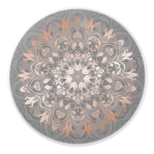Roos Gold Grey Floral Mandala Keramische Knop (Voorkant)
