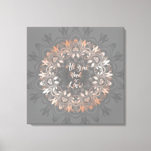 Roos Gold Grey Floral Mandala Love Canvas Afdruk (Voorkant)