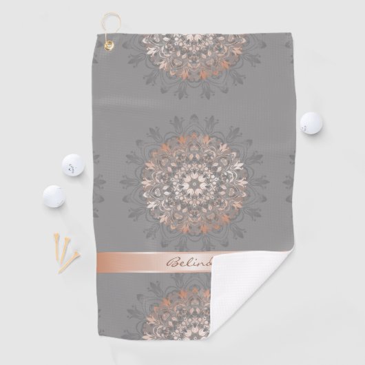 Roos Gold Grey Floral Mandala Monogram Golfhanddoek (Insitu)