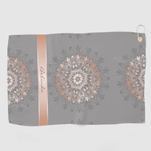 Roos Gold Grey Floral Mandala Monogram Golfhanddoek (Horizontaal)