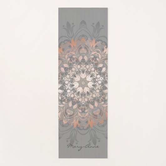 Roos Gold Grey Floral Mandala Monogram Yogamat (Voorkant)